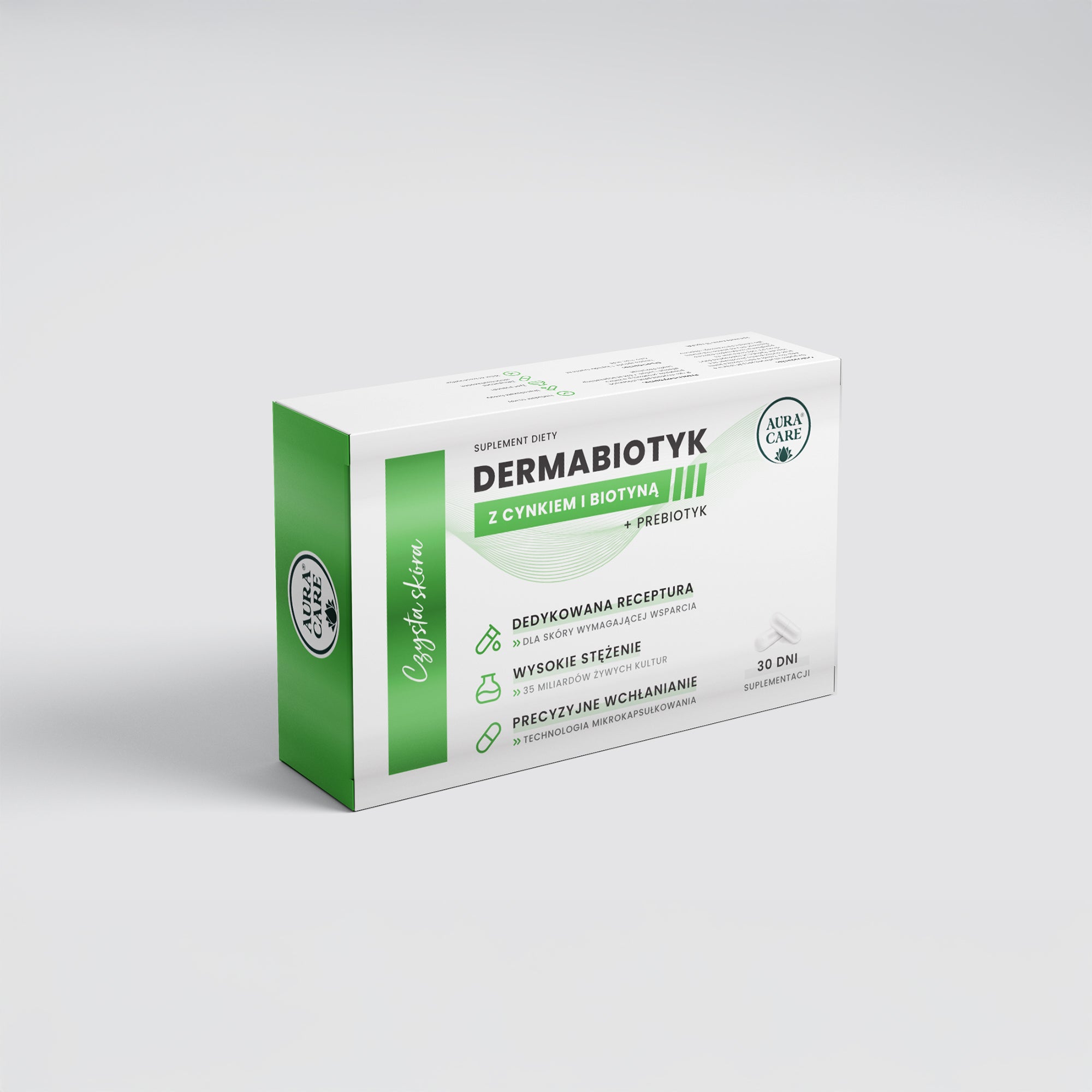 Aura Care Dermabiotyk z cynkiem i biotyną + prebiotyk Czysta Skóra 35 miliardów CFU - 30 kapsułek - ZdroweTO.pl